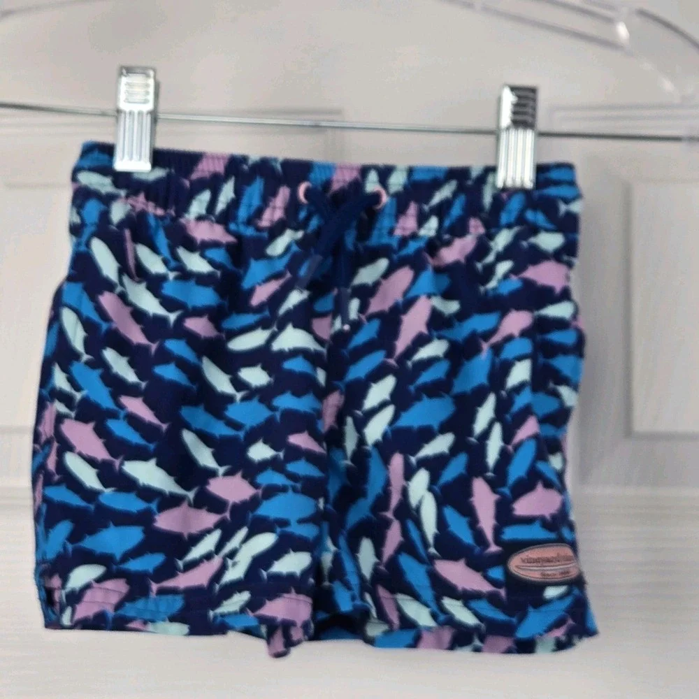 Vineyard Vines Chappy Swim trunks Fish Print Boys‎ Size 12-18 M Blue Bathingsuit